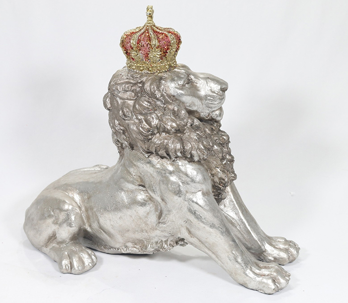 Resin Male Lion With Crown In Silver Finish